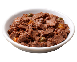 Chef Michael’s® Canine Creations Filet Mignon Flavor and carrot & pea garnishes in meaty juices bowl